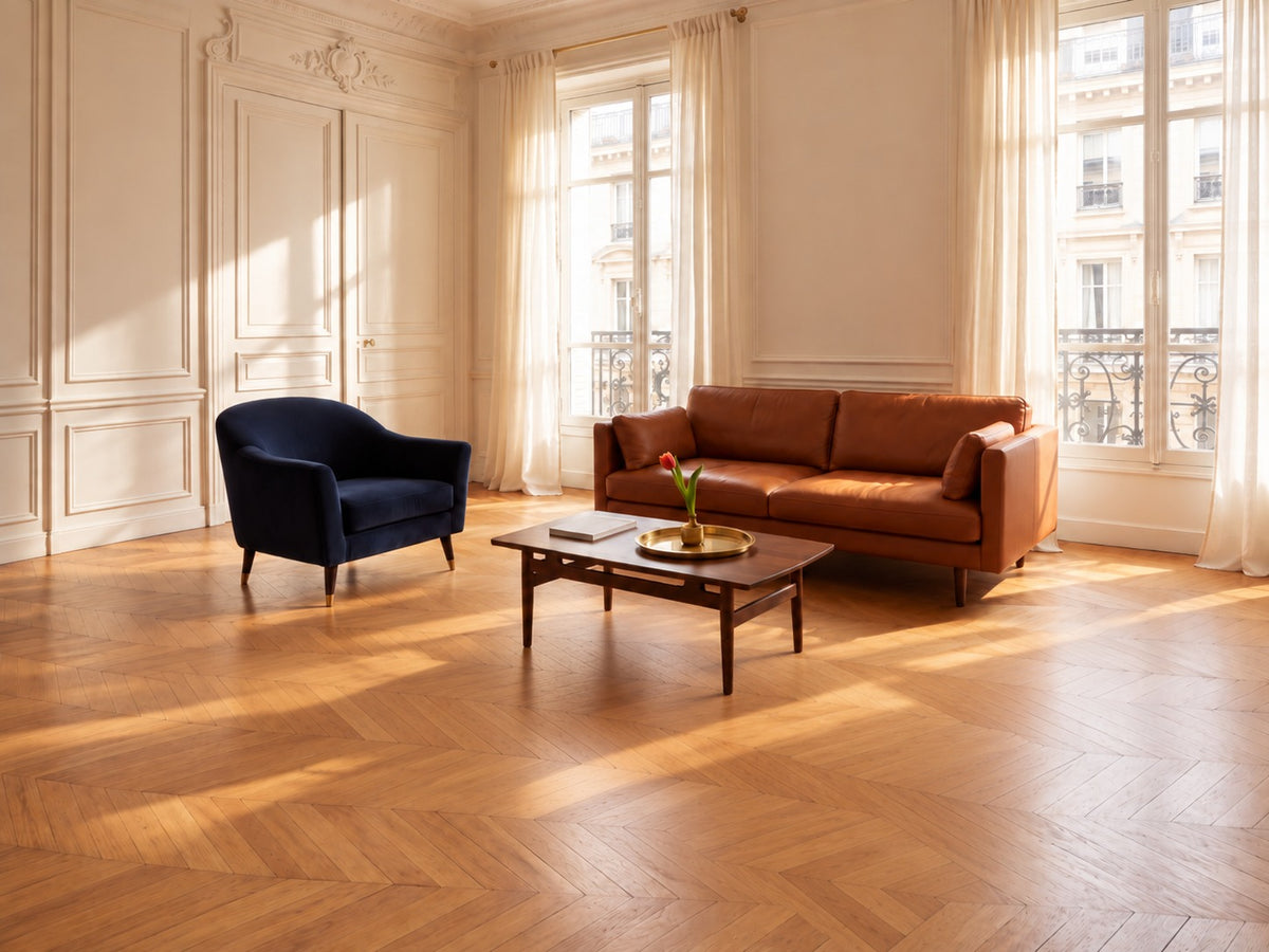 Parisian living room before, bare herringbone oak floor