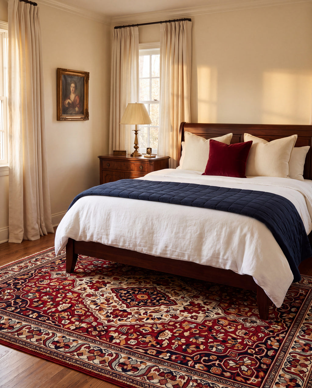 Laleh Garnet & Cream rug under a wood bed with navy and white linen