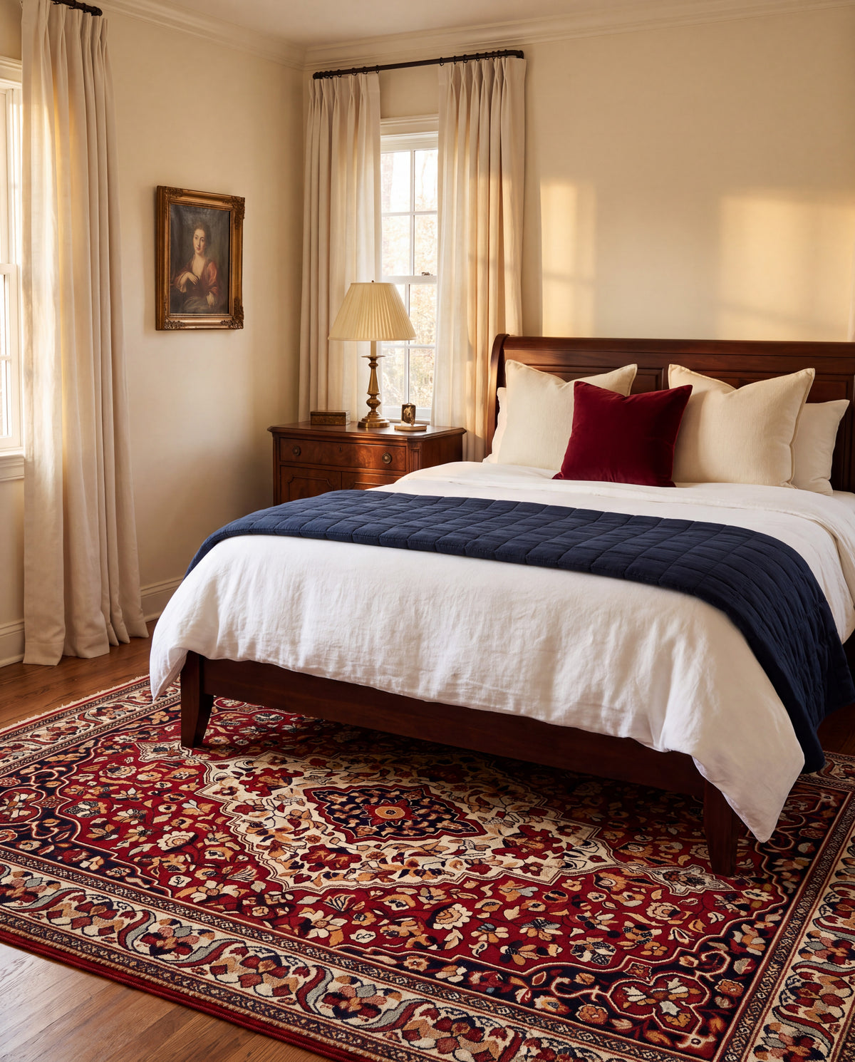 Laleh Garnet & Cream rug under a wood bed with navy and white linen