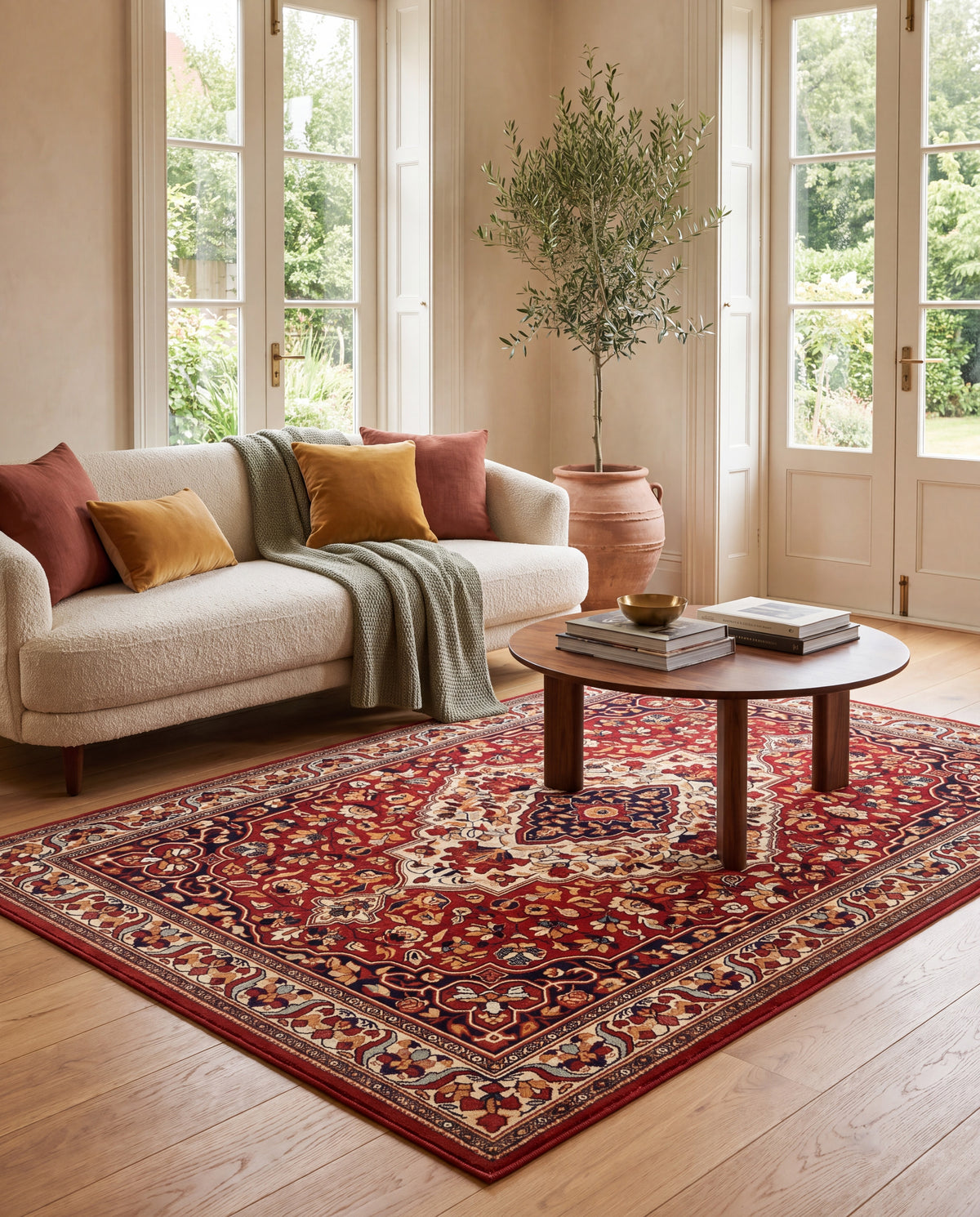 Laleh Garnet & Cream rug in a sunlit living room