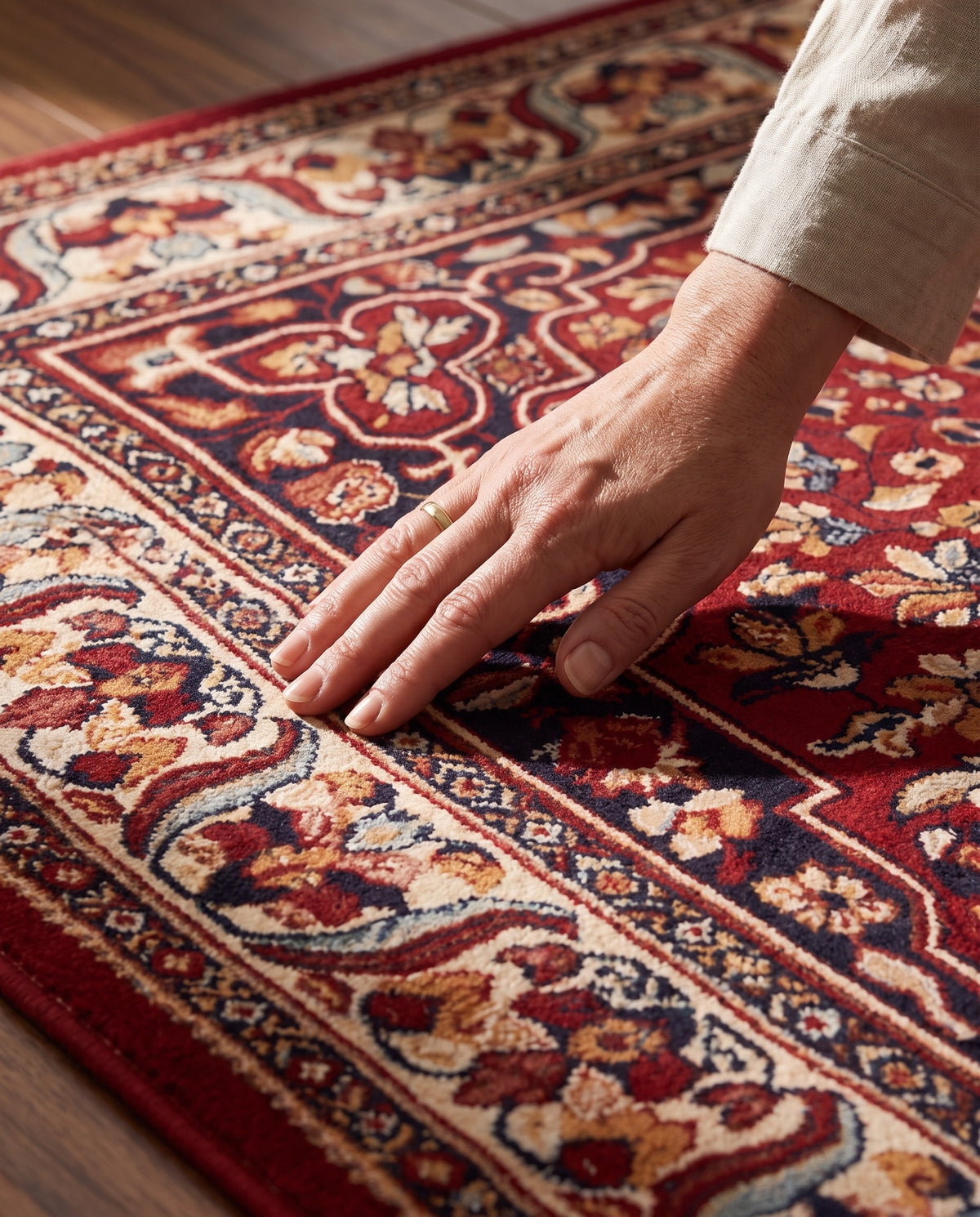 Hand brushing the velvet pile of the Laleh Garnet & Cream rug