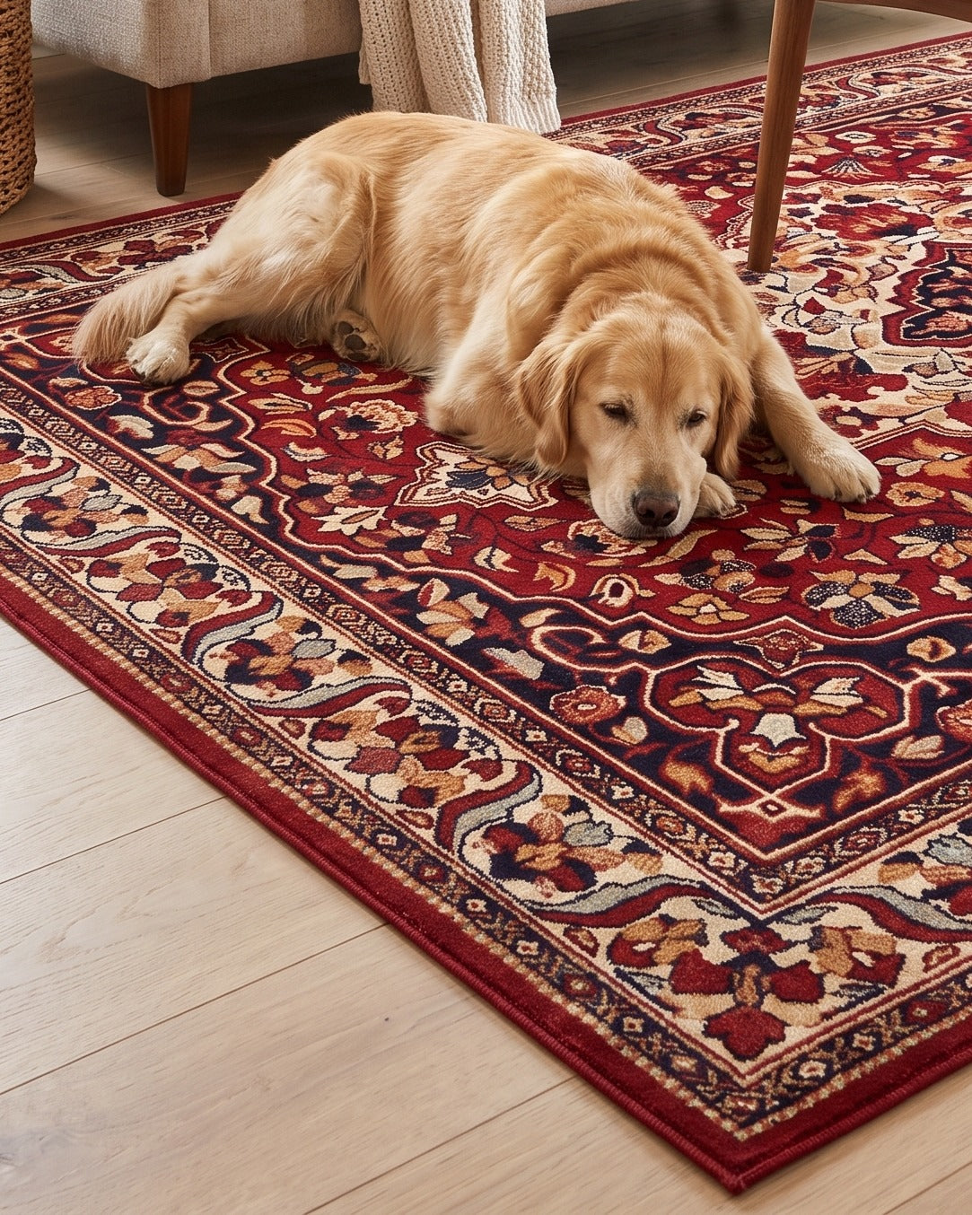 Golden retriever resting on the Laleh Garnet & Cream rug in a family living room