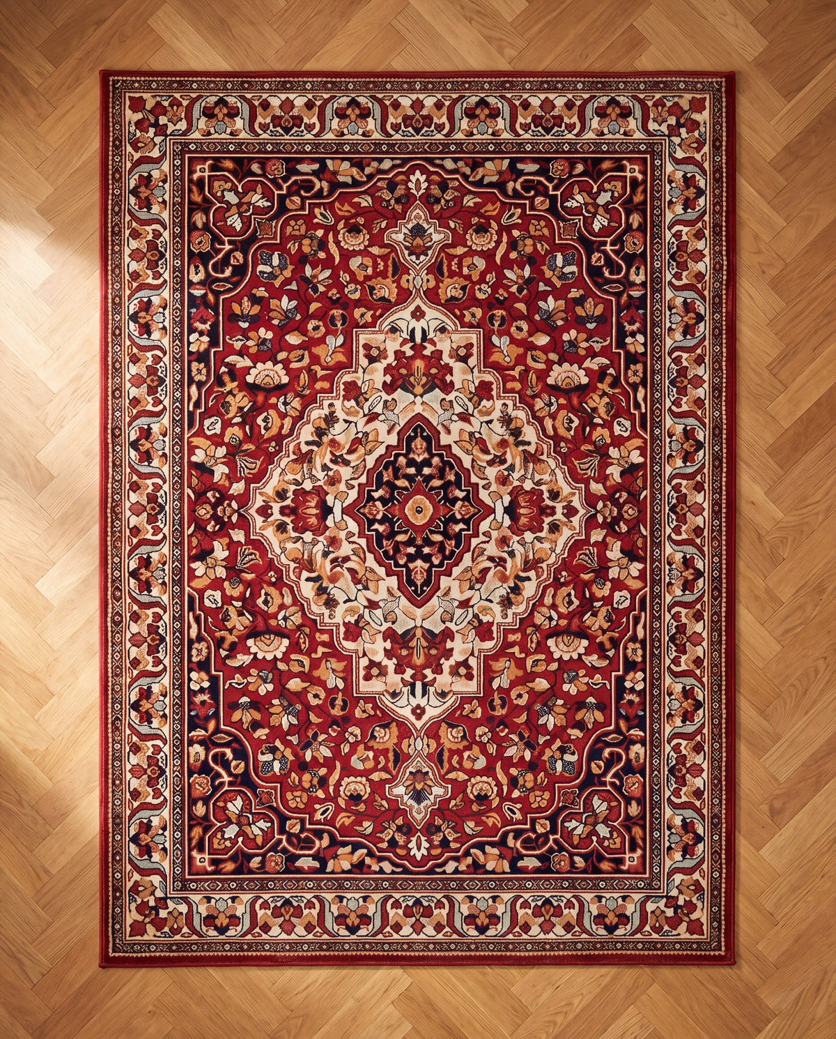 Laleh Garnet & Cream rug seen from above on a herringbone oak floor