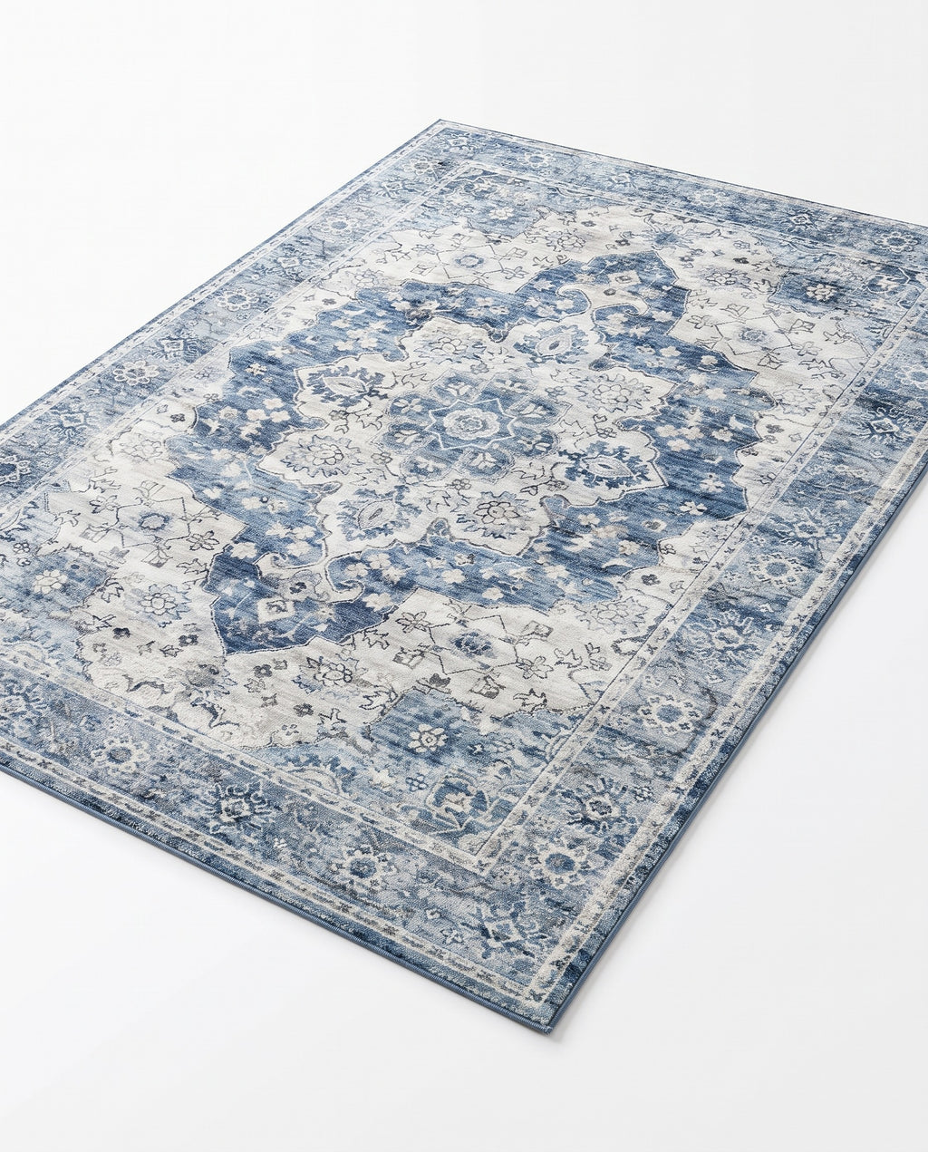 Mahtab Denim & Cream rug, angled view showing the full design