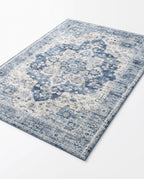 Mahtab Denim & Cream rug, angled view showing the full design