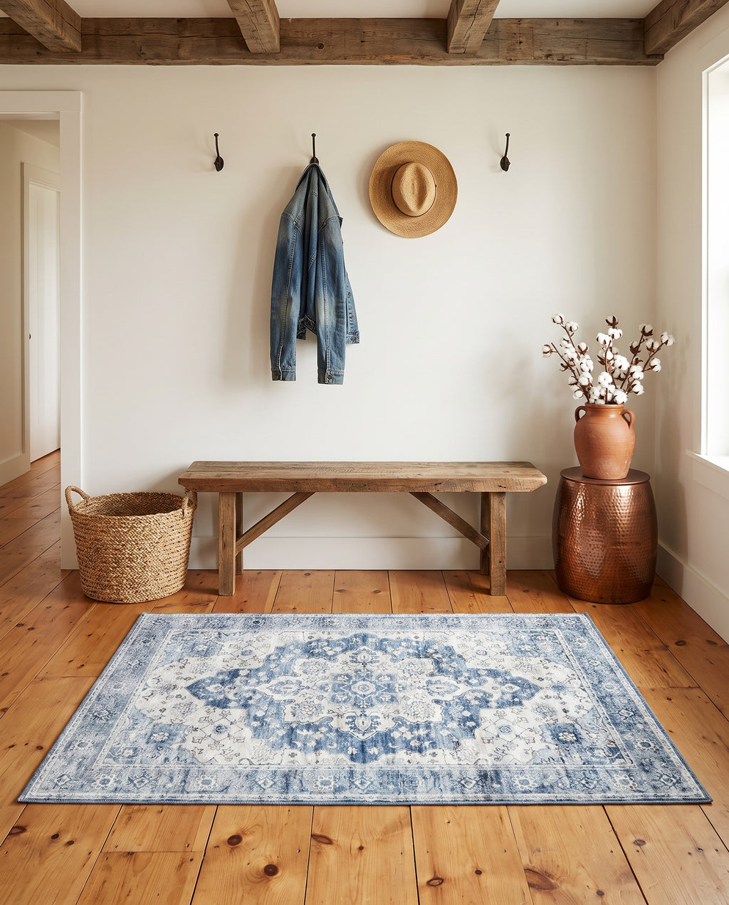 Mahtab Denim & Cream rug in a ranch entryway with a barn wood bench