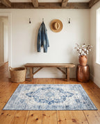 Mahtab Denim & Cream rug in a ranch entryway with a barn wood bench