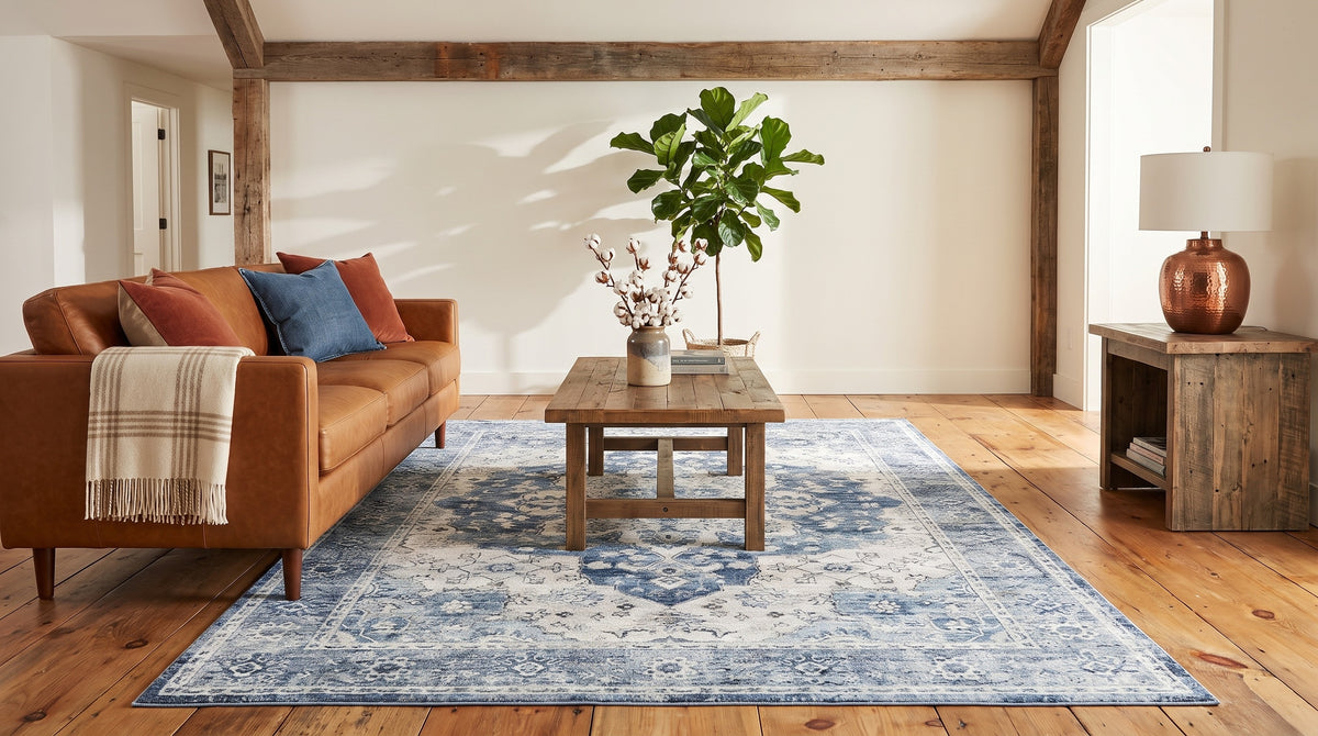 The same ranch living room with the Mahtab Denim & Cream rug