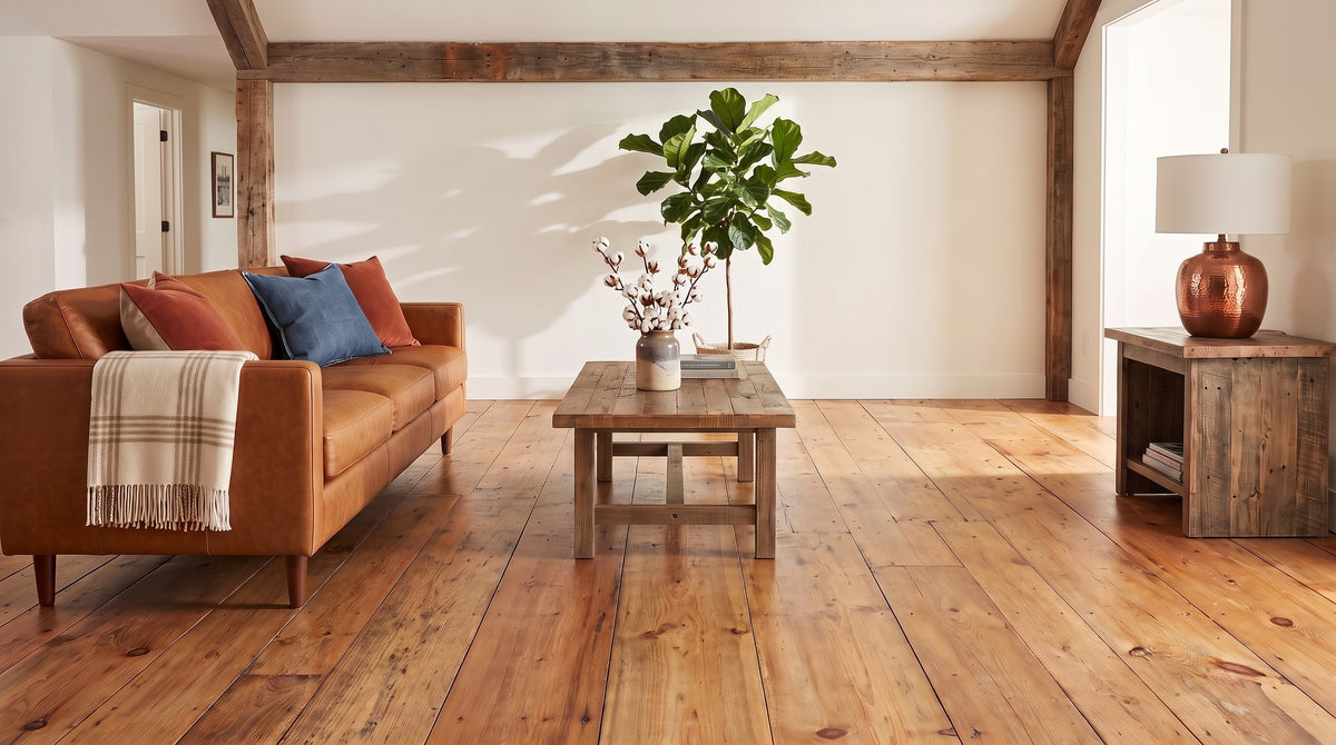 Modern ranch living room before, bare knotty pine floor