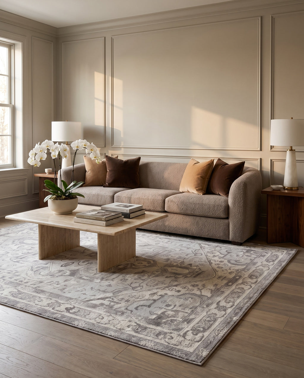 Morvarid Dove & Pearl rug in a serene living room with a bouclé sofa and travertine table