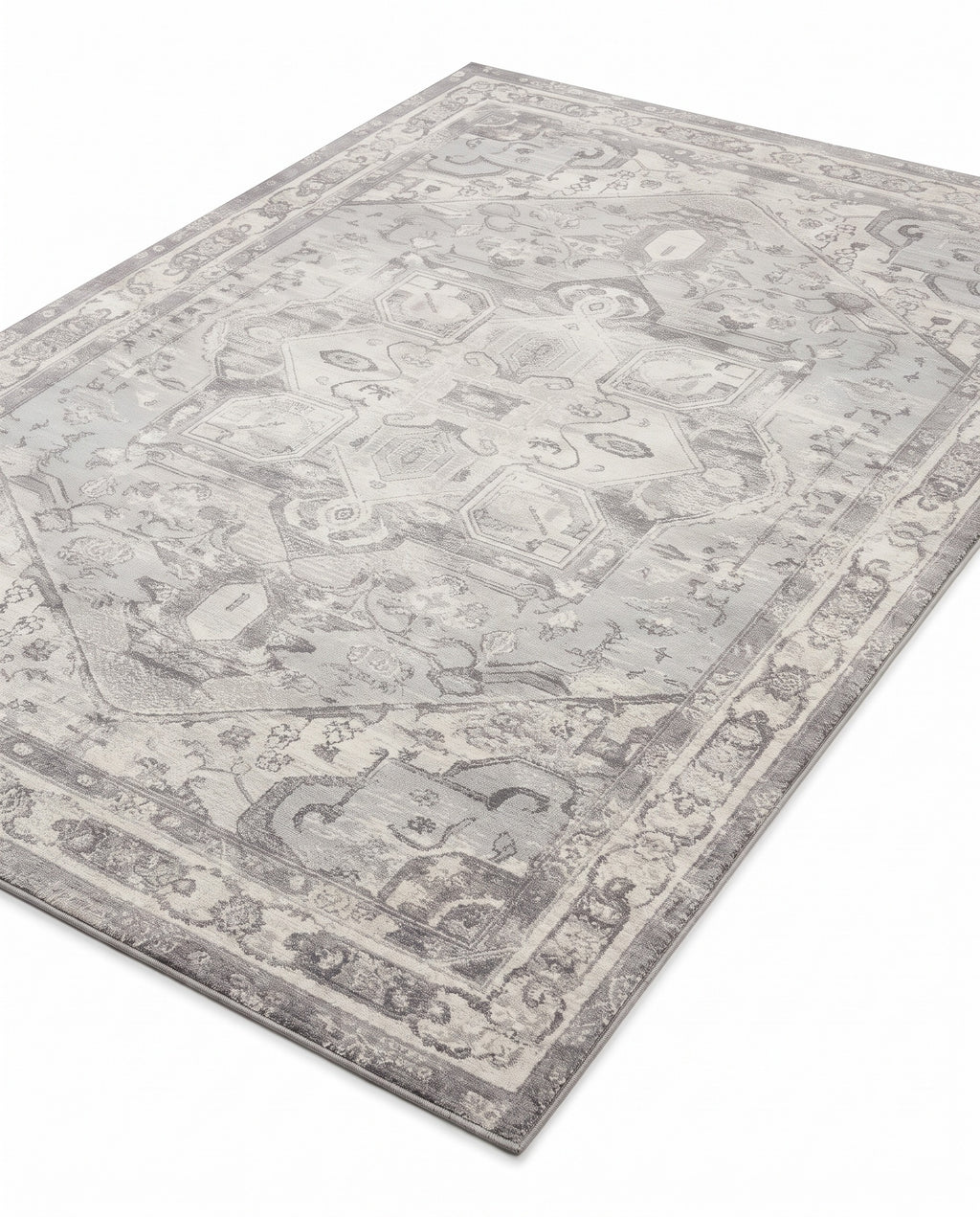 Morvarid Dove & Pearl rug, angled view showing the full design
