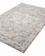 Morvarid Dove & Pearl rug, angled view showing the full design