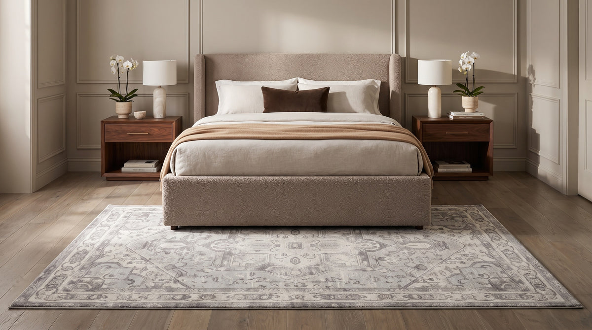 The same bedroom with the Morvarid Dove & Pearl rug