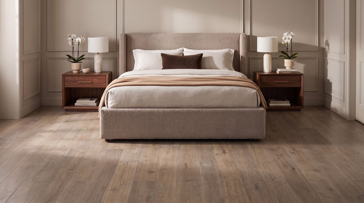 Quiet luxury bedroom before, bare greige oak floor