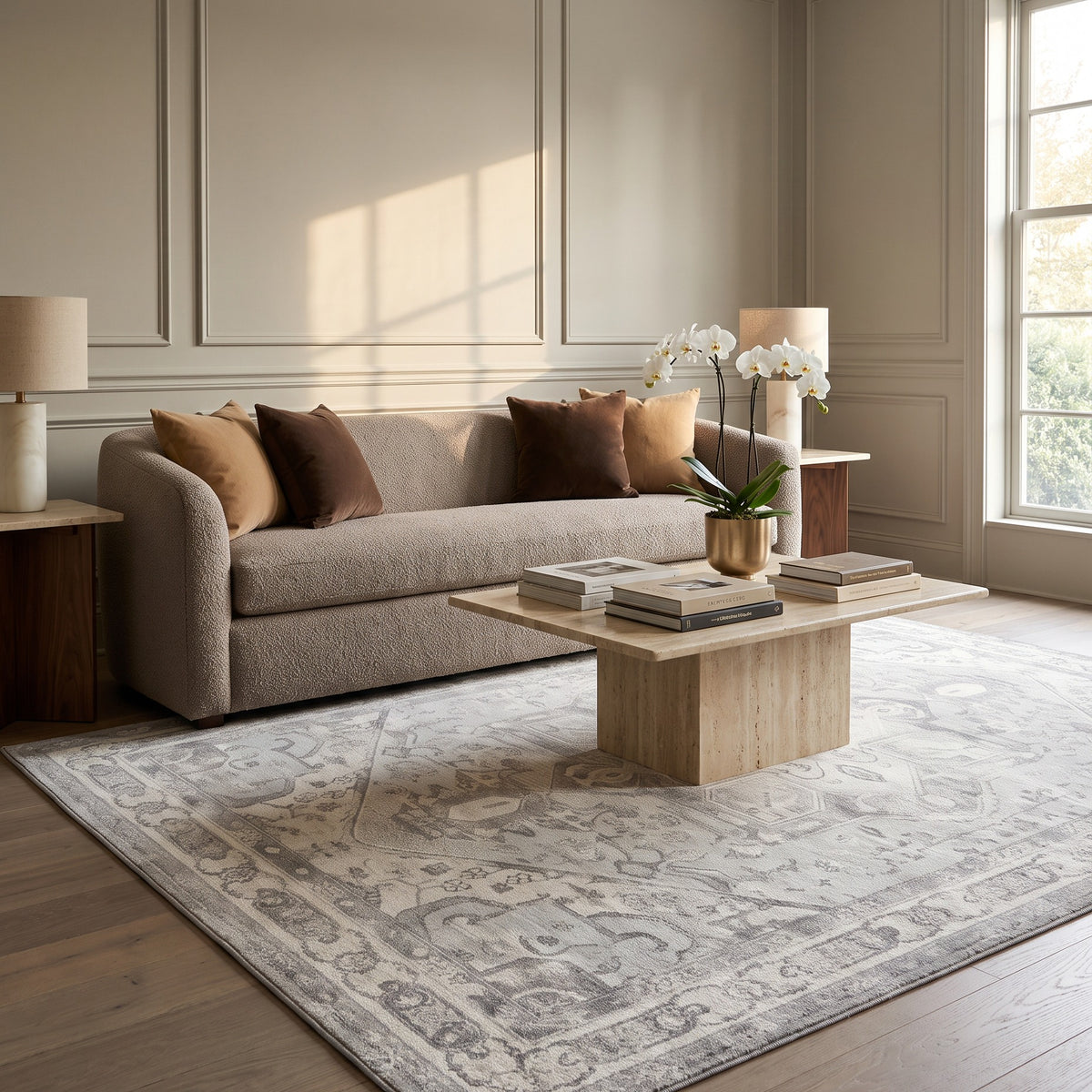 Morvarid Dove & Pearl rug under a travertine coffee table in a calm living room