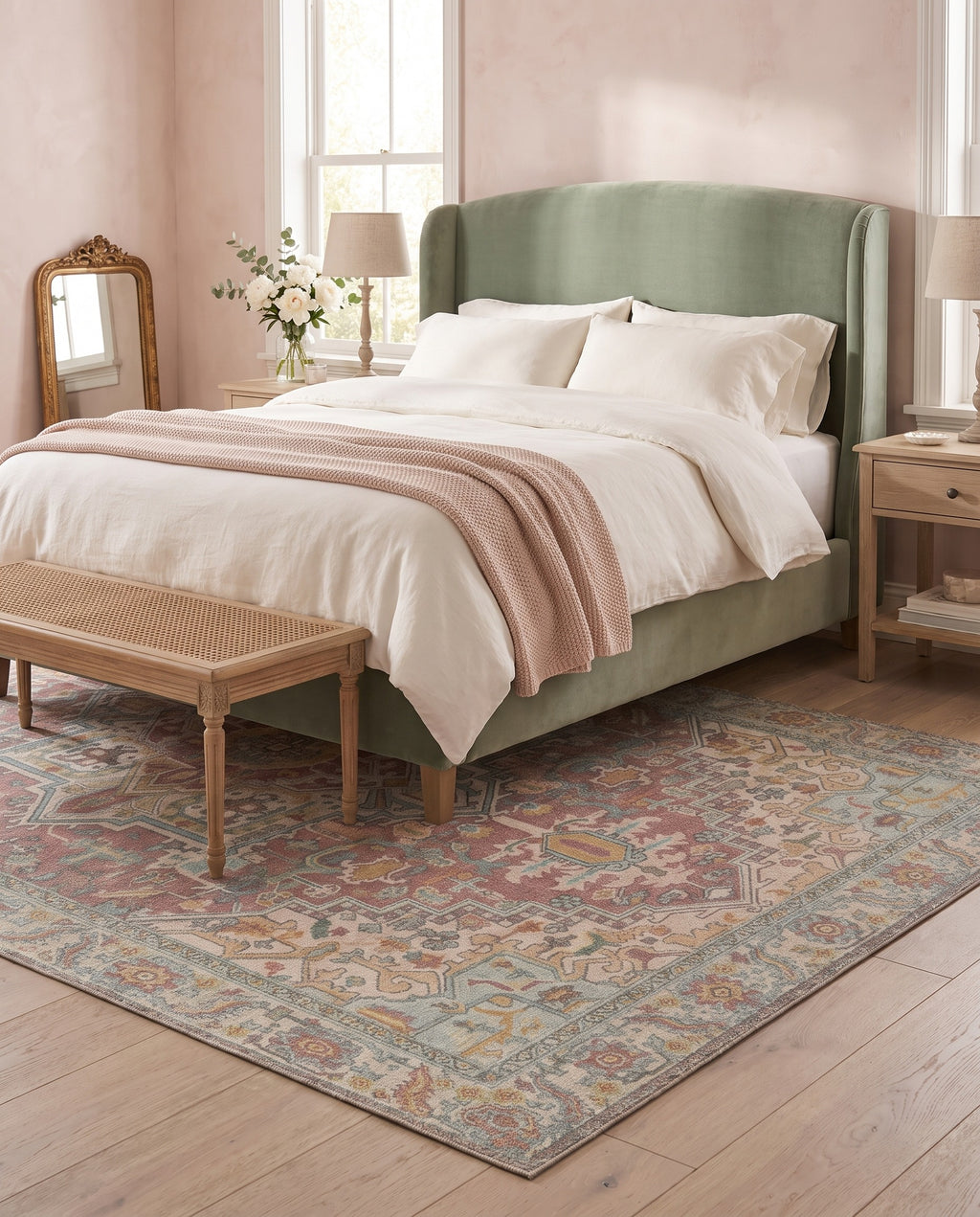 Nasrin Rose & Sage rug under a sage velvet bed in a romantic bedroom