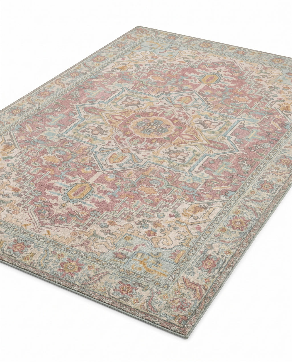 Nasrin Rose & Sage rug, angled view showing the full design