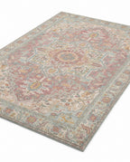 Nasrin Rose & Sage rug, angled view showing the full design