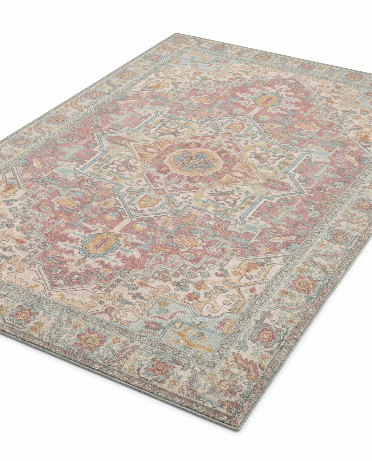 Nasrin Rose & Sage rug, angled view showing the full design