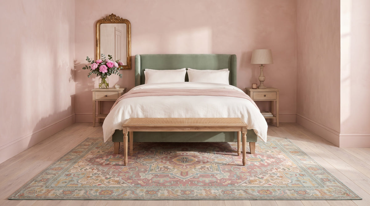 The same romantic bedroom with the Nasrin Rose & Sage rug