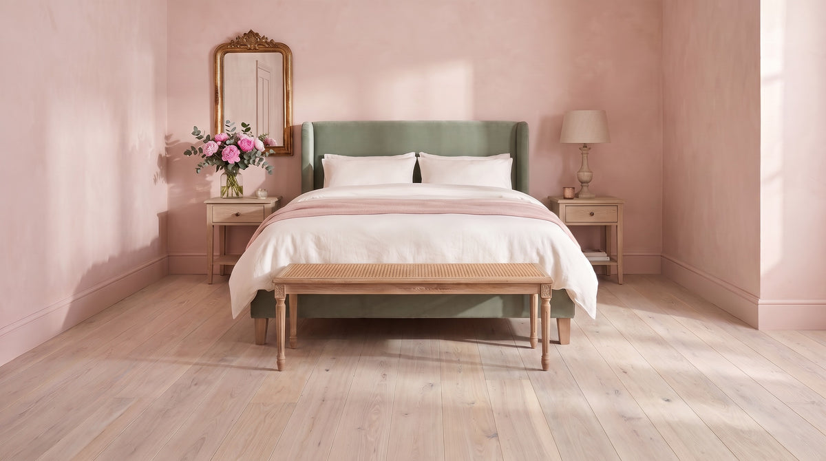 Romantic bedroom before, bare limed oak floor
