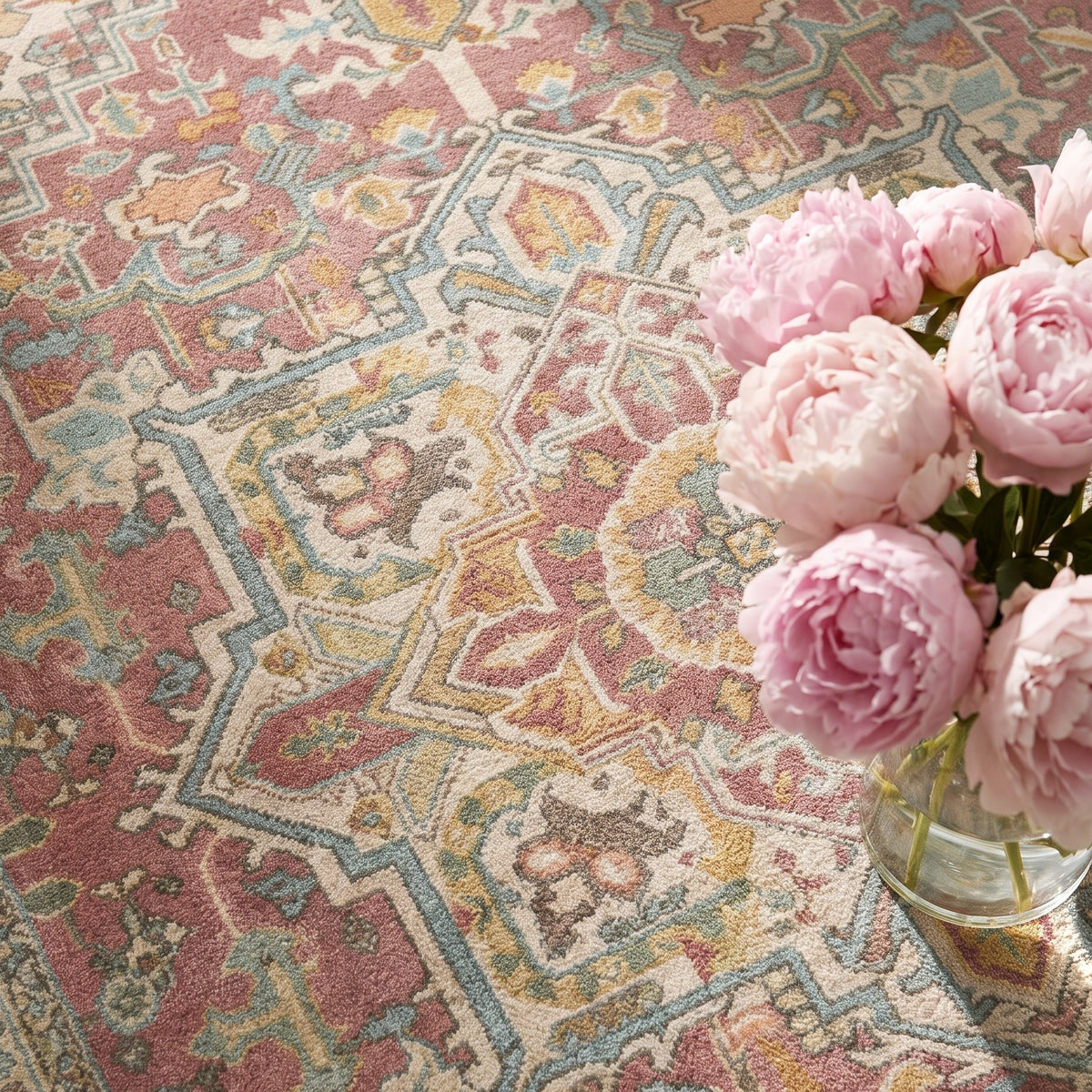 Nasrin rug with a glass vase of soft pink peonies