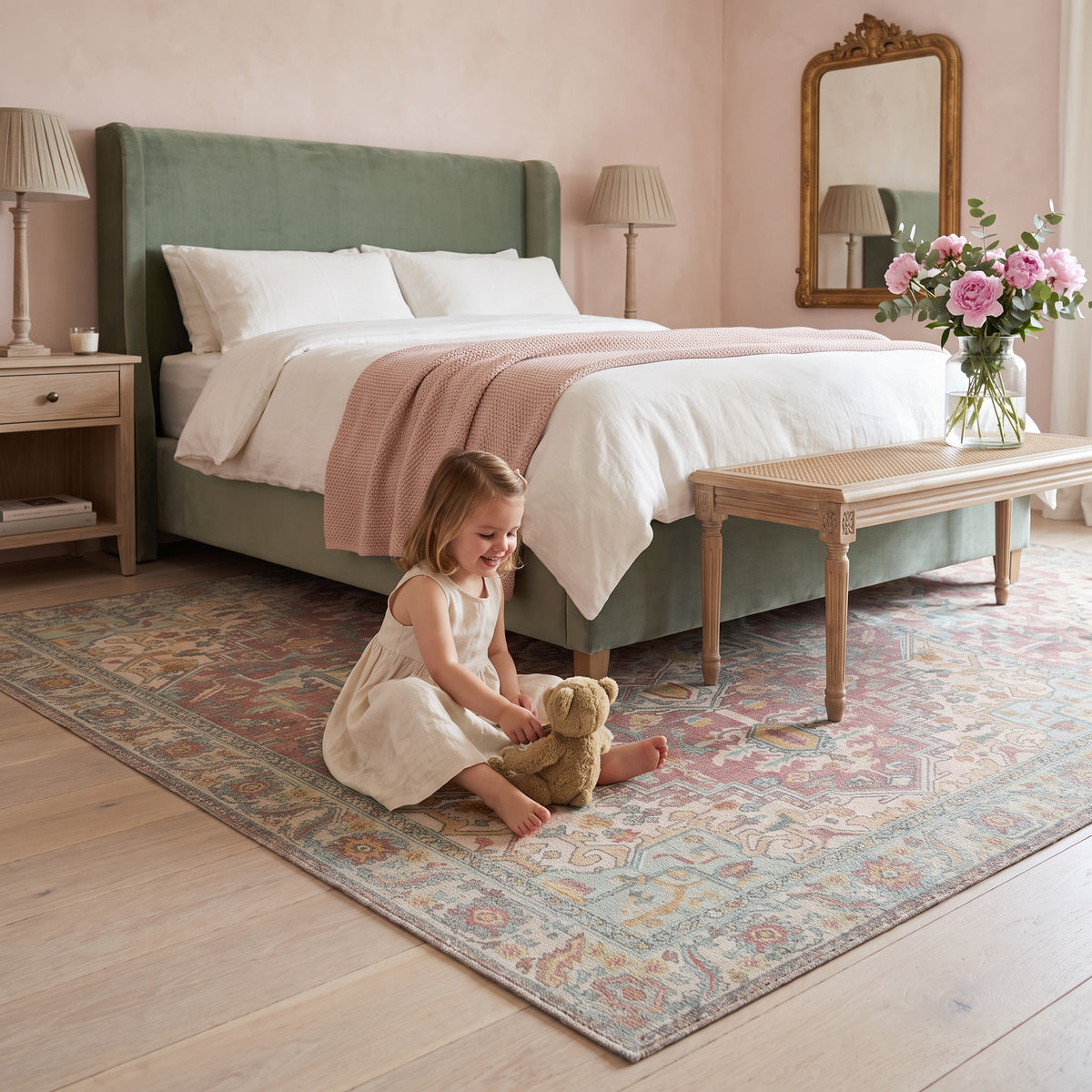 Little girl playing with a teddy bear on the Nasrin Rose & Sage rug