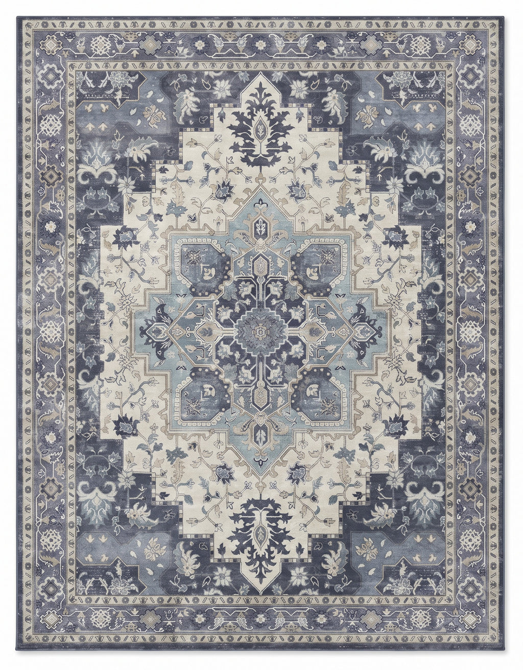Nilufar Indigo & Ivory Persian-style washable rug, top view