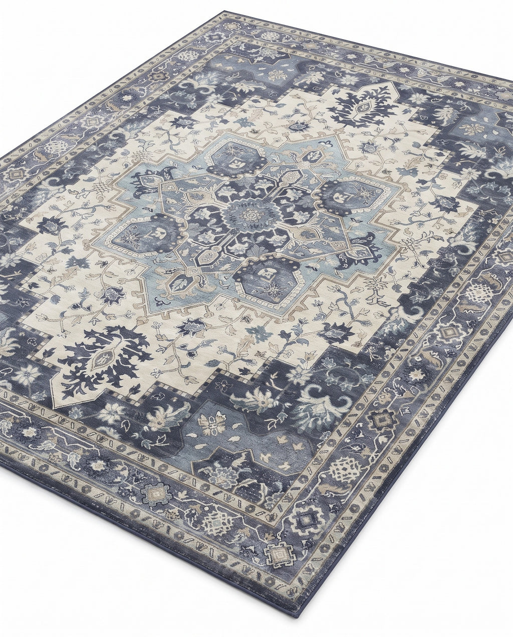 Nilufar Indigo & Ivory rug, angled view showing the full design