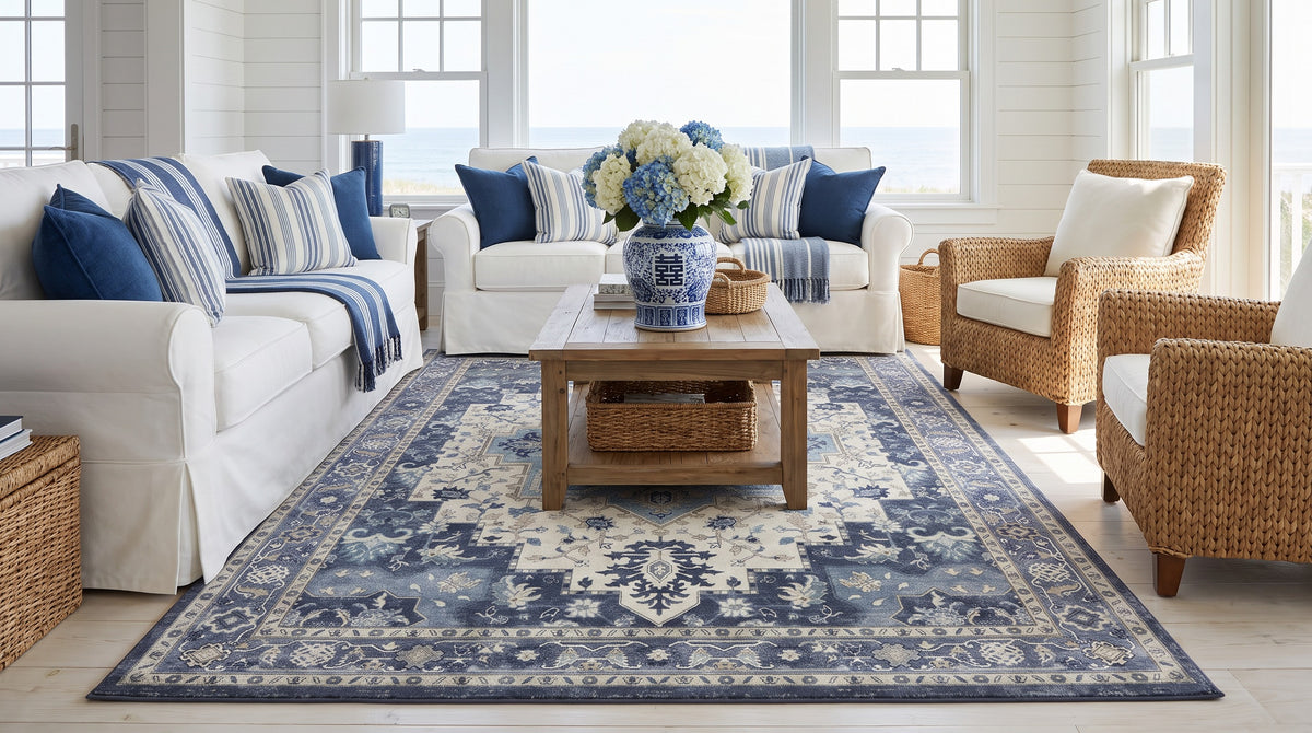 The same coastal living room with the Nilufar Indigo & Ivory rug