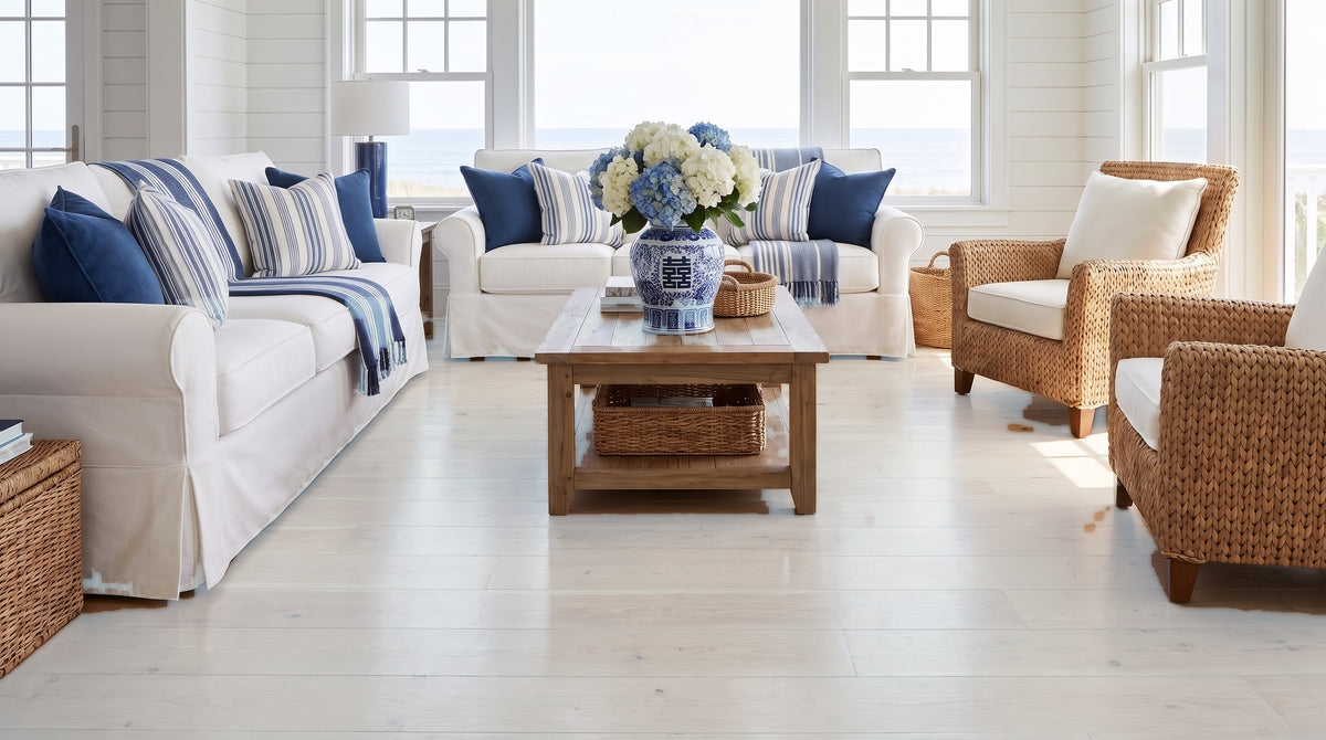 Coastal living room before, bare whitewashed pine floor