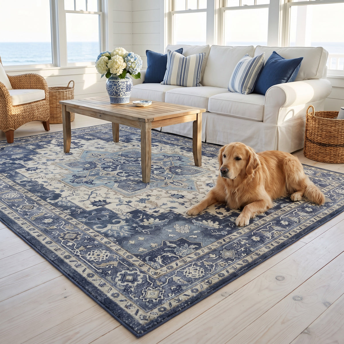 Golden retriever lying on the Nilufar Indigo & Ivory rug by the sea