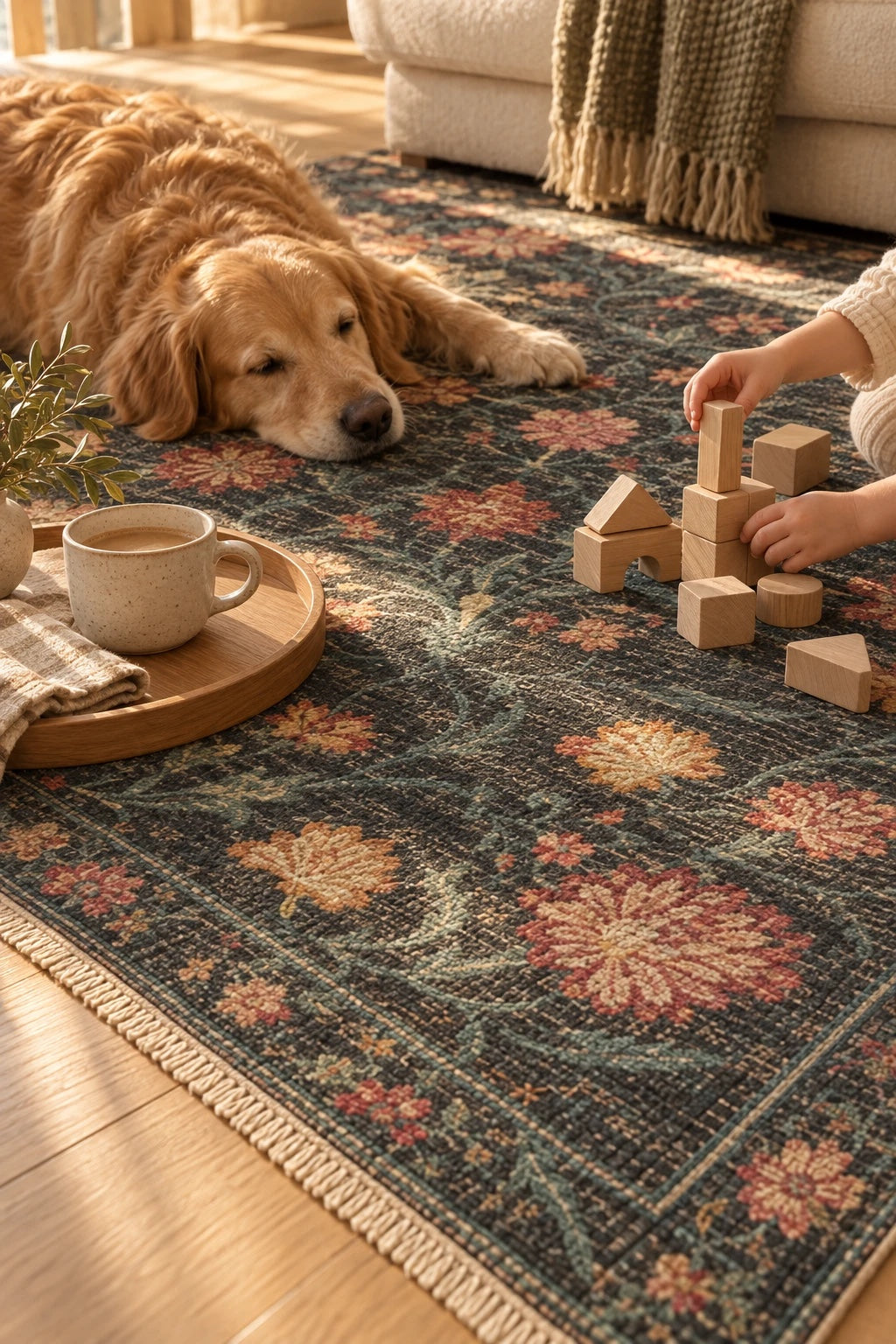 Golden retriever resting beside a child building wooden blocks on a dark floral Persian-style washable rug