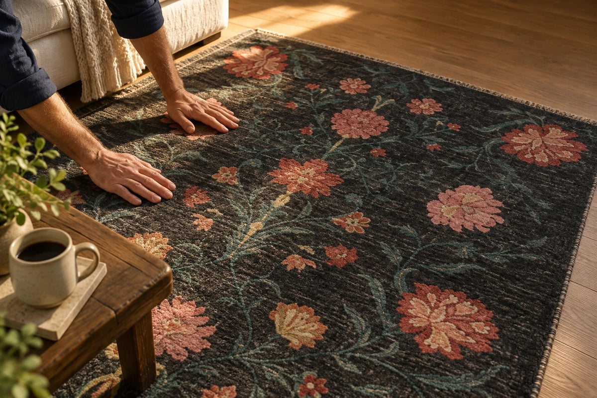 Hands smoothing the soft low pile of a charcoal Persian-style rug with coral flowers