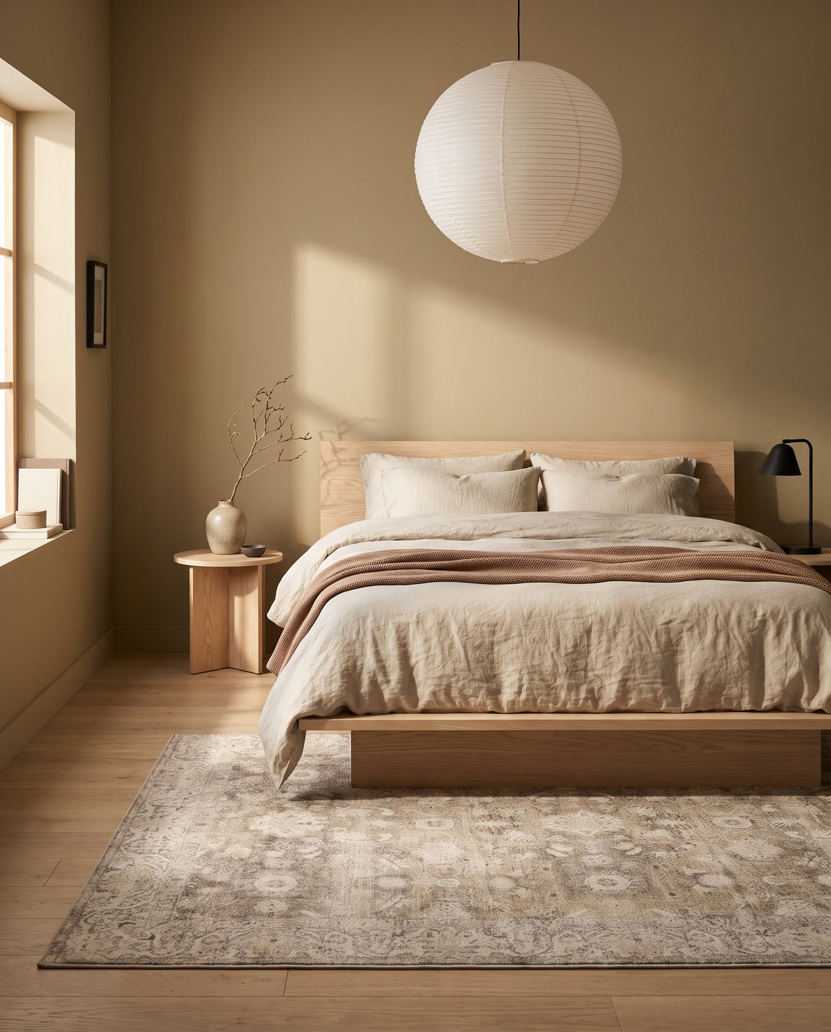 Pardis Oat & Clay rug under a low ash platform bed in a Japandi bedroom