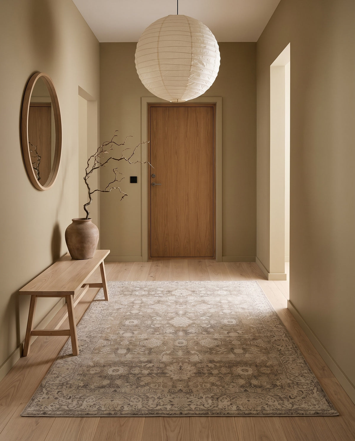 Pardis Oat & Clay rug in a calm Japandi entryway with an ash bench