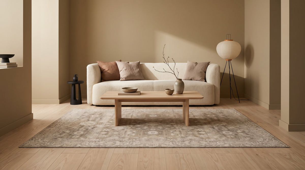 The same Japandi living room with the Pardis Oat & Clay rug