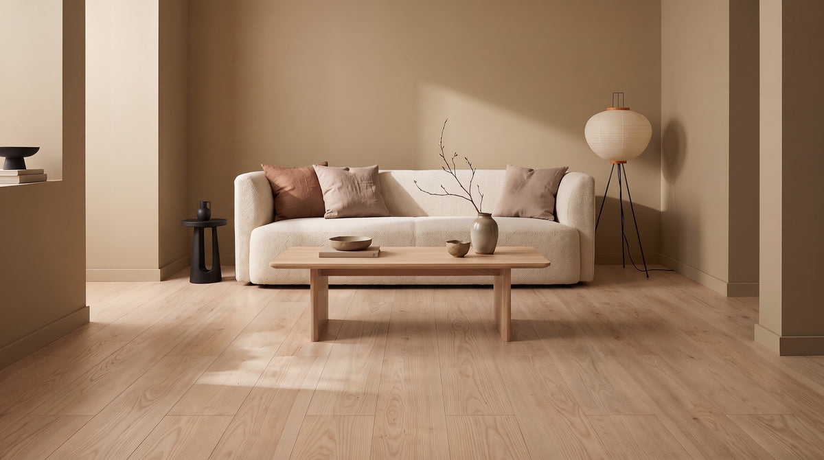 Japandi living room before, bare natural ash floor