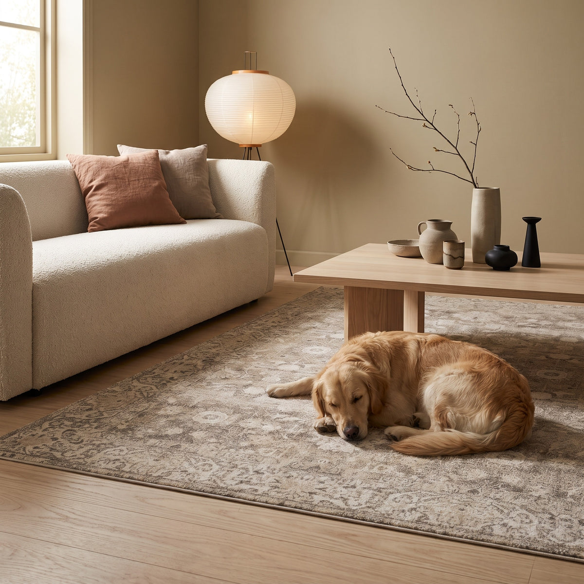 Dog curled up asleep on the Pardis Oat & Clay rug