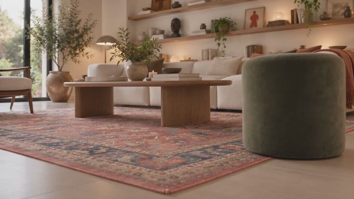Coral, navy and green Persian-style rugs, filmed close to the floor in three living rooms