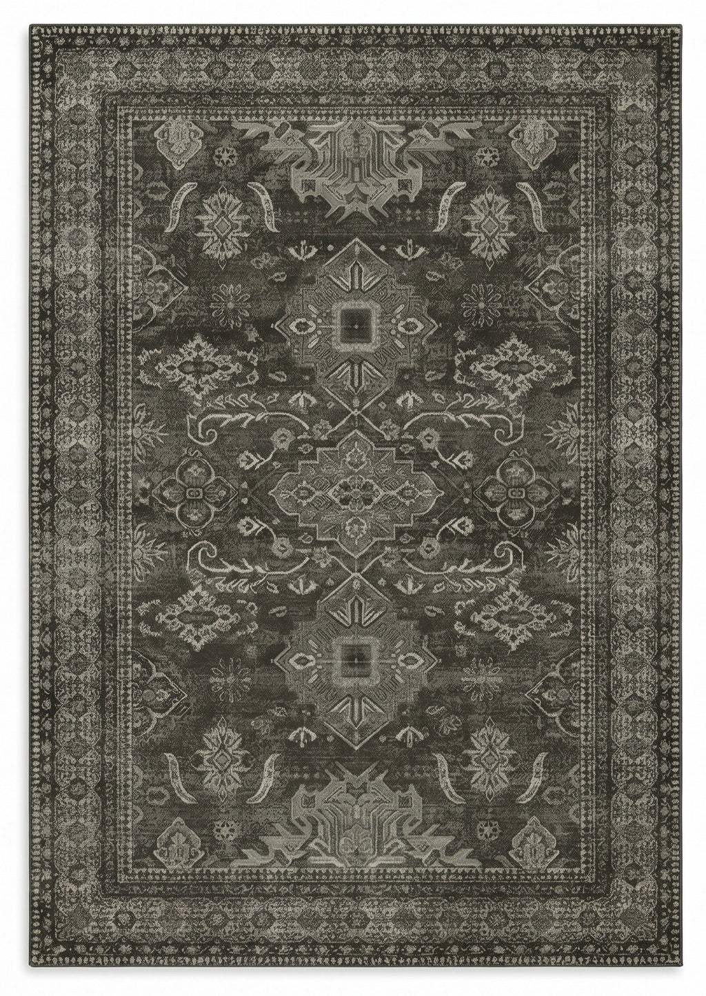 Shabnam Charcoal & Olive Persian-style washable rug, top view