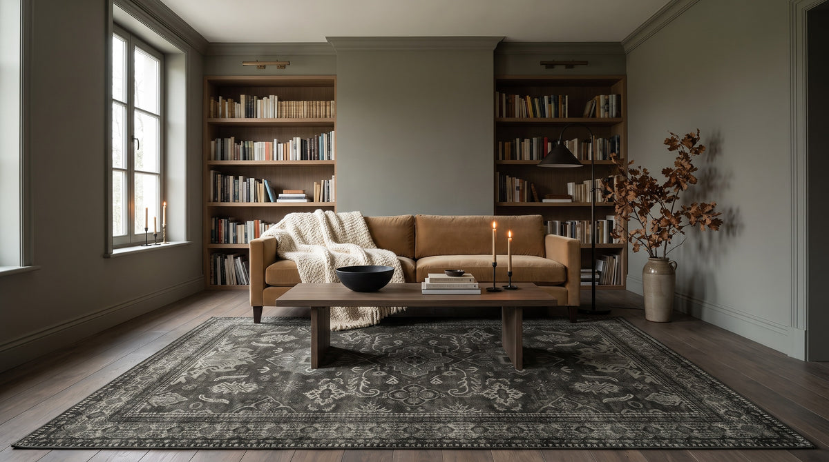 The same living room with the Shabnam Charcoal & Olive rug