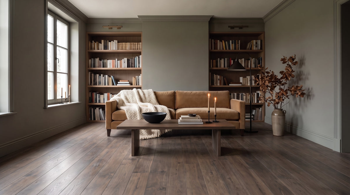 Moody living room with a wall of books before, bare smoked oak floor