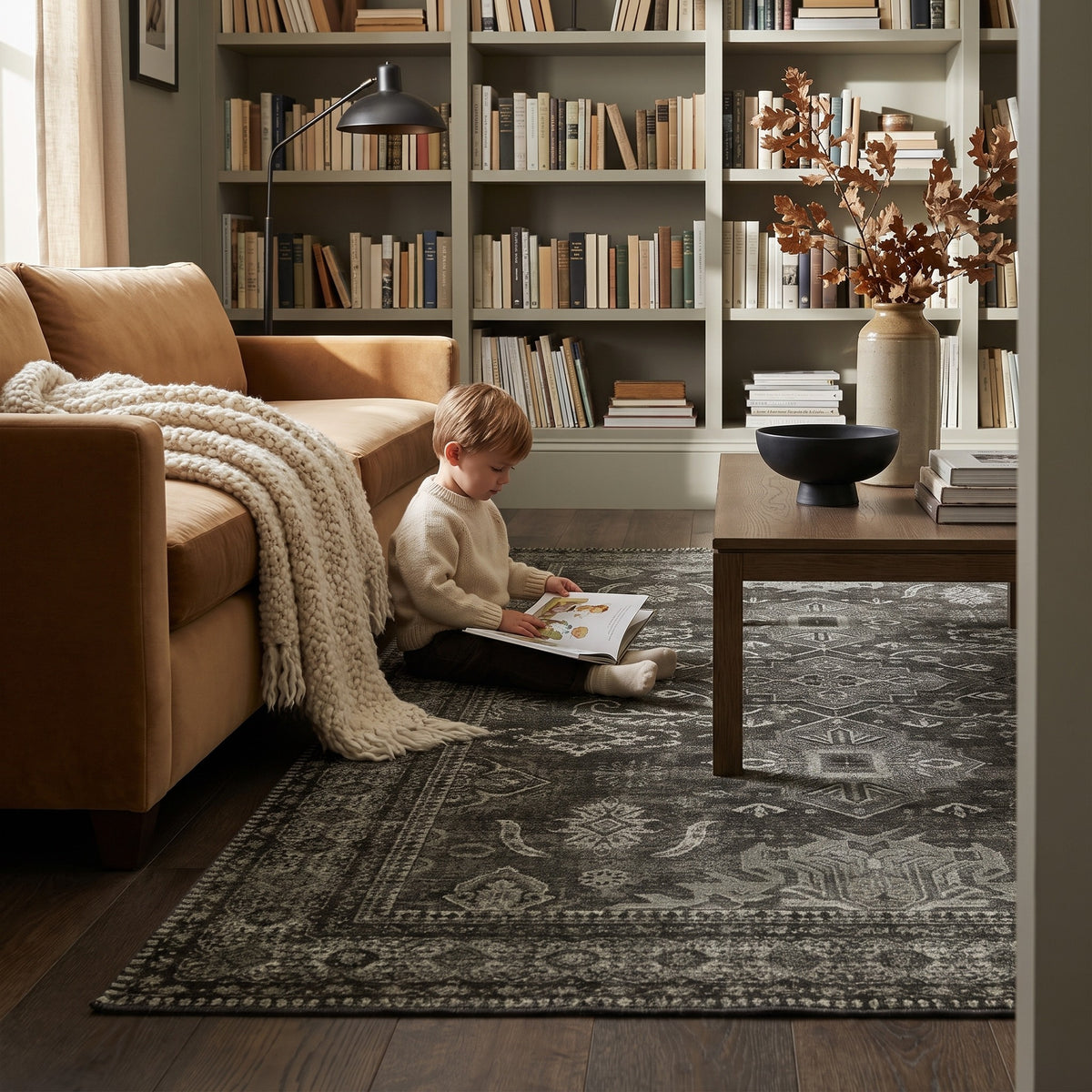 Child reading a picture book on the Shabnam Charcoal & Olive rug