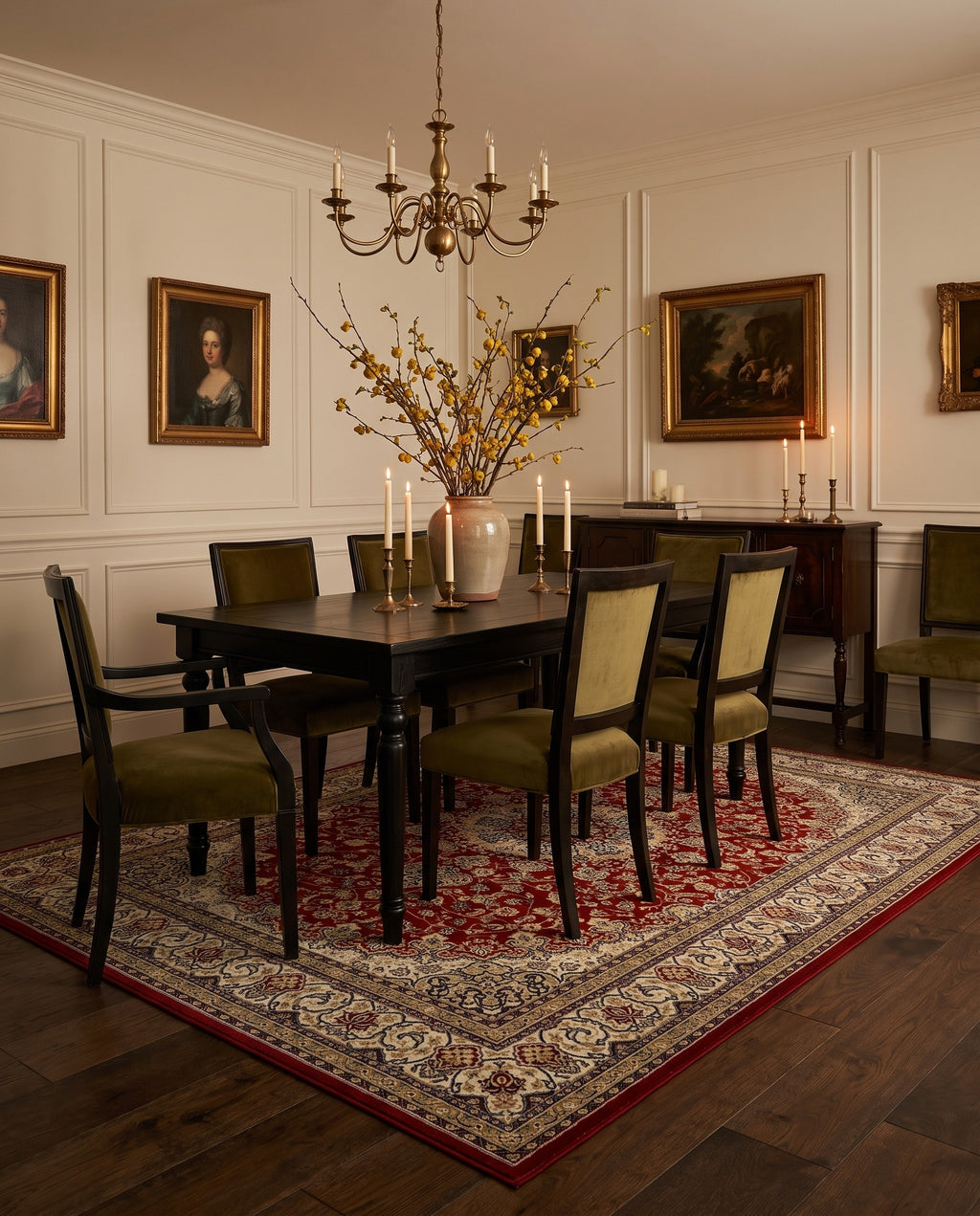 Shahrzad Crimson & Navy rug in a warm classic dining room with olive velvet chairs