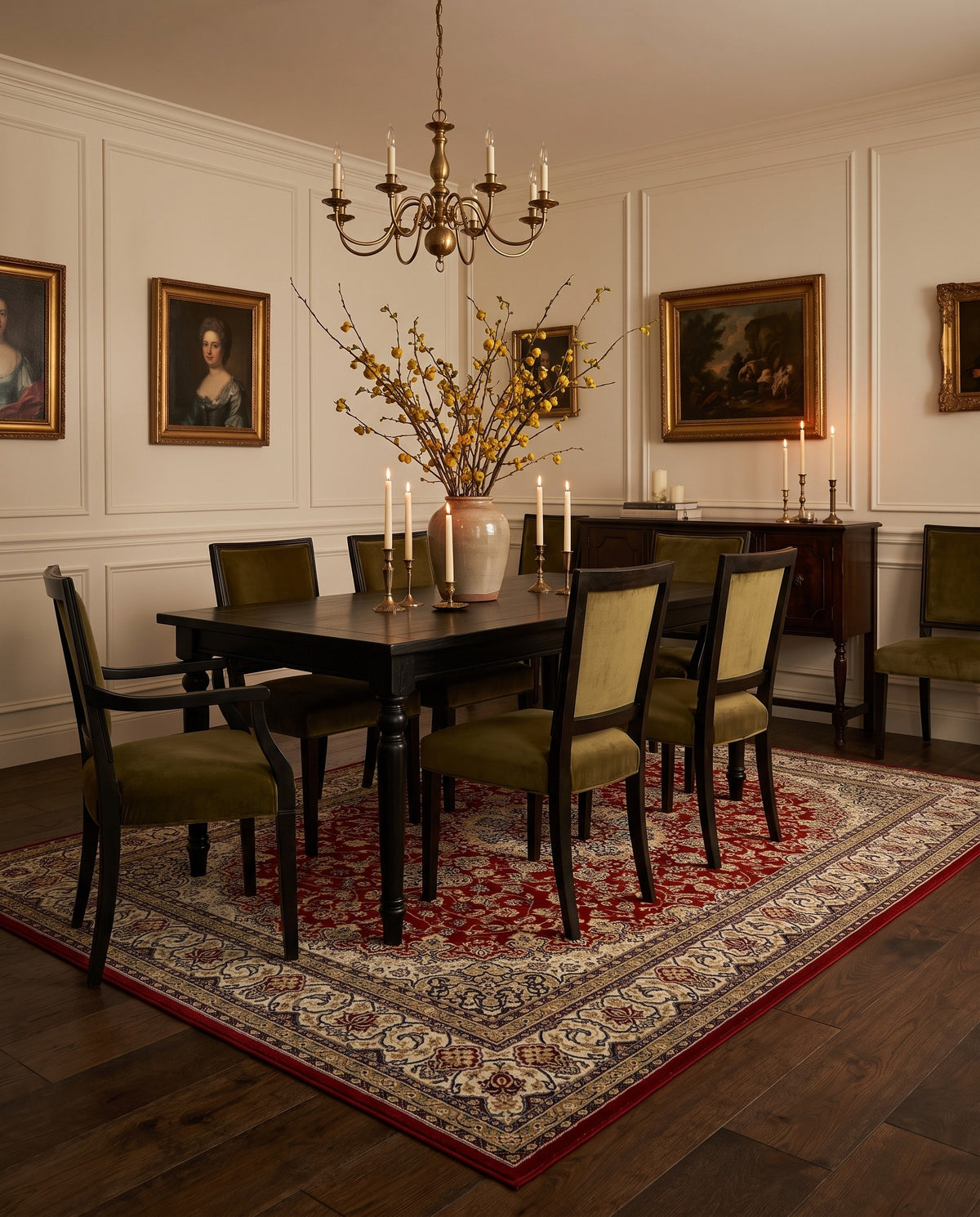 Shahrzad Crimson & Navy rug in a warm classic dining room with olive velvet chairs