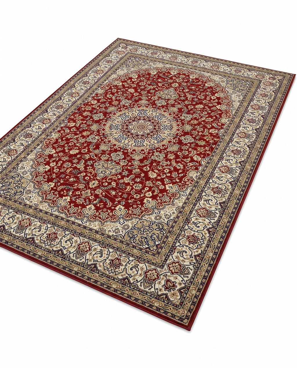 Shahrzad Crimson & Navy rug, angled view showing the full design
