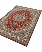 Shahrzad Crimson & Navy rug, angled view showing the full design