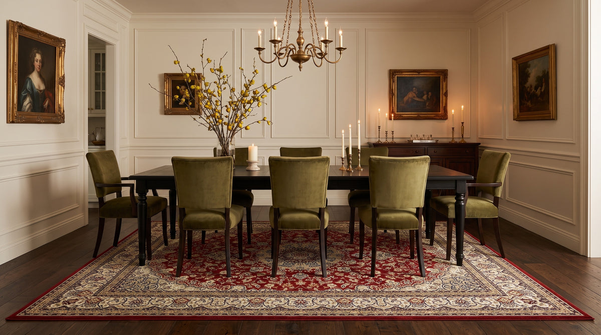The same dining room with the Shahrzad Crimson & Navy rug