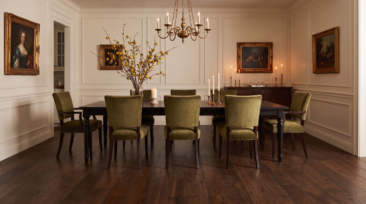 Classic dining room before, bare dark oak floor